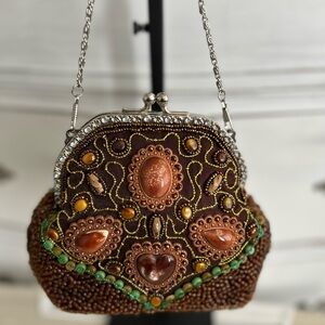 Vintage Beaded Evening Bag Clutch Purse Brown Stone Embellished Chain Strap‎